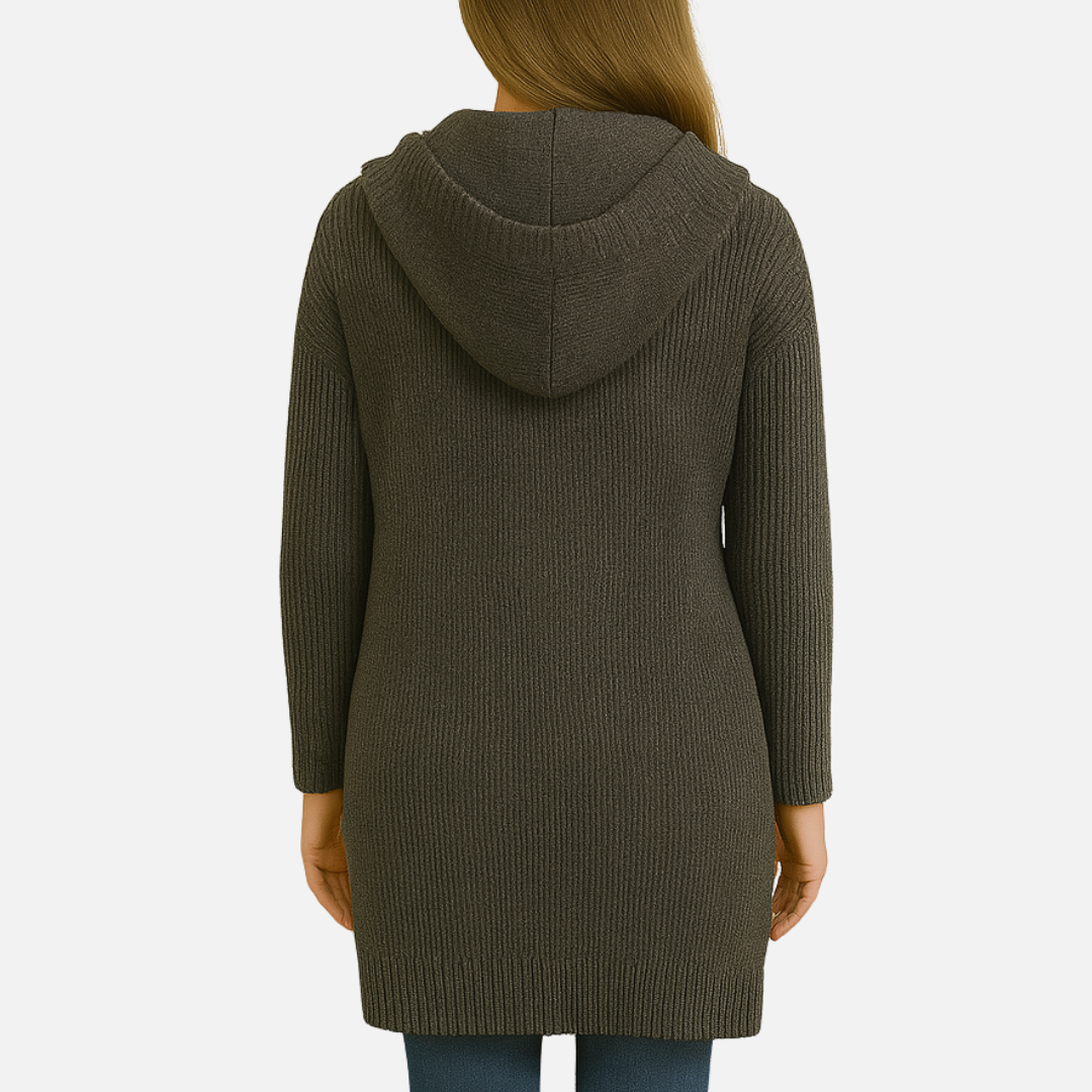 Women’s Long Knit Jacket – Button-Up Hooded Jacket Coat