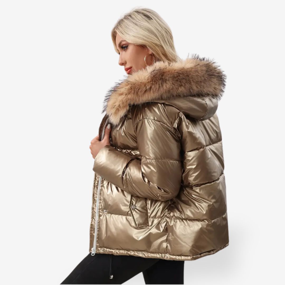 Gold-Colored Women’s Warm Puffer Jacket with Faux Fur Collar