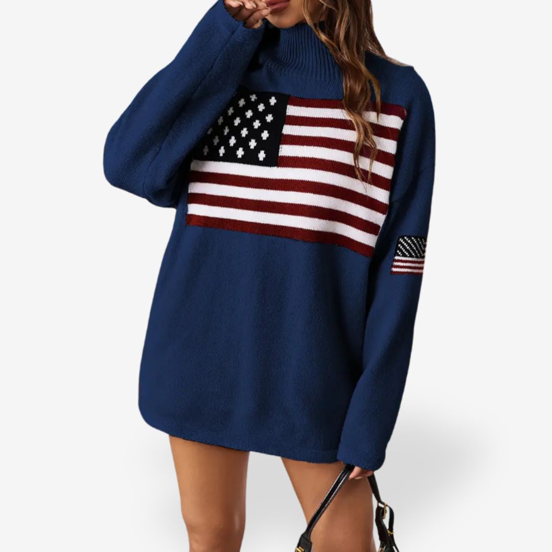 Women's Warm and Oversized American Flag Turtleneck Sweater