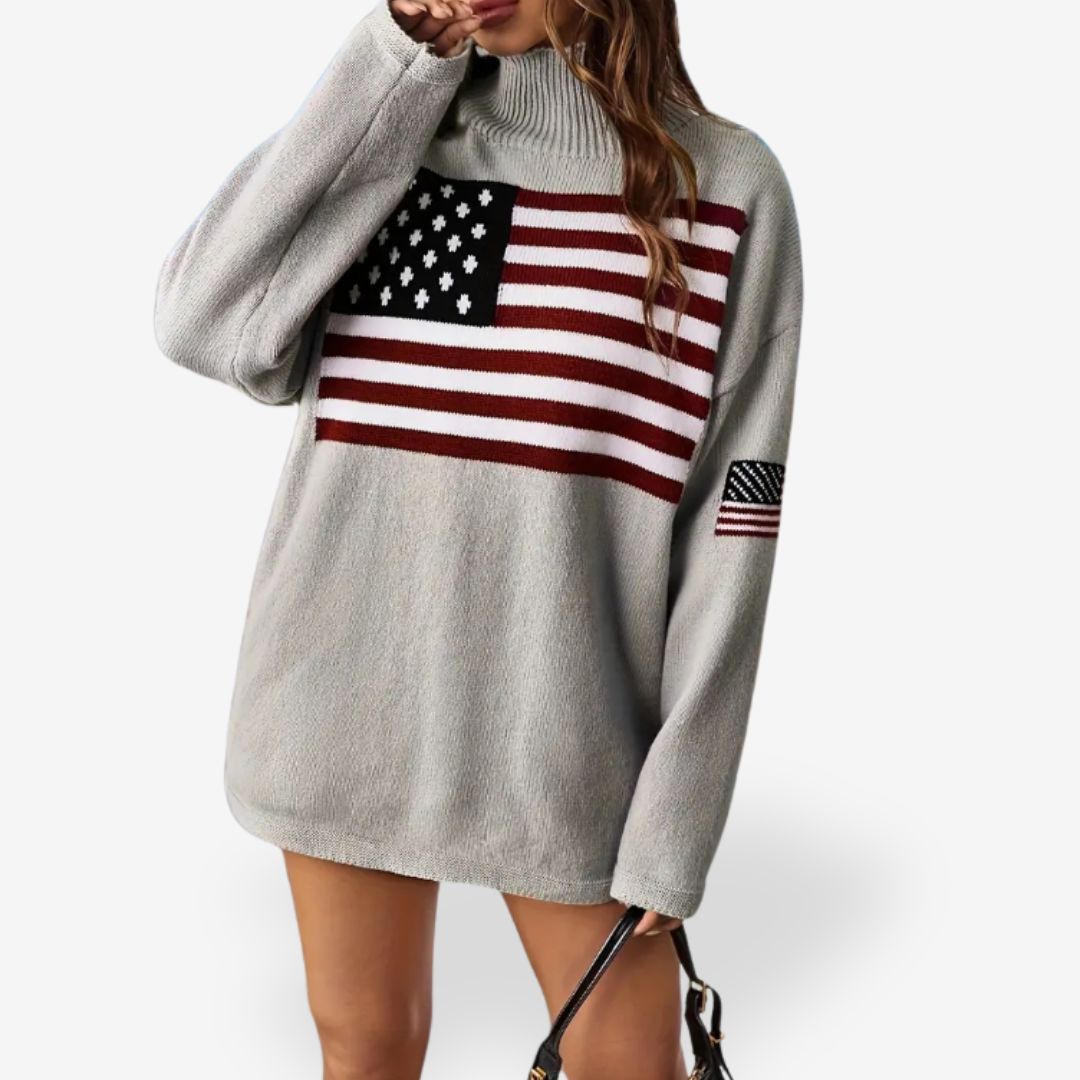 Women's Warm and Oversized American Flag Turtleneck Sweater