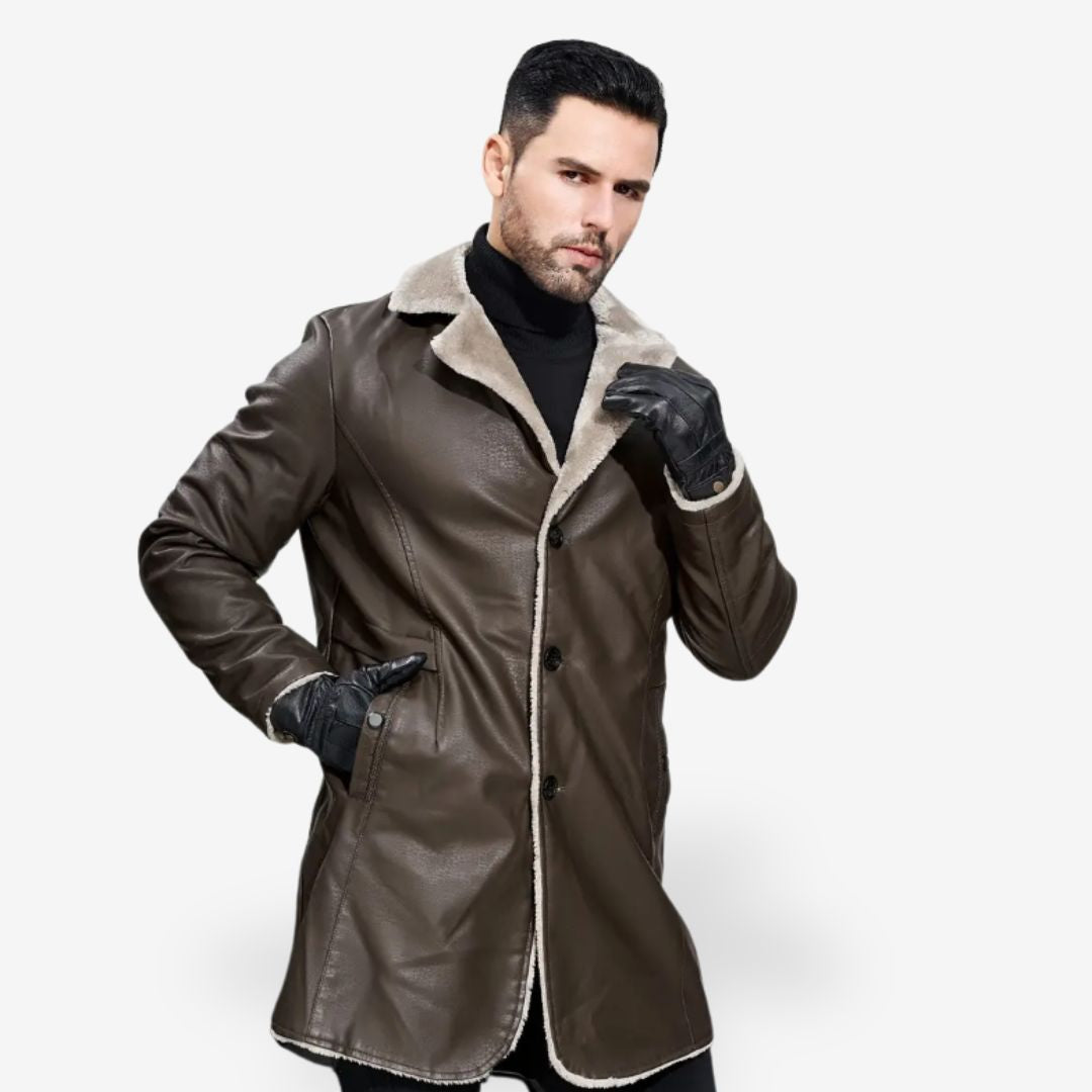 Men’s Faux Leather Trench Coat with Wool Lining and Collar