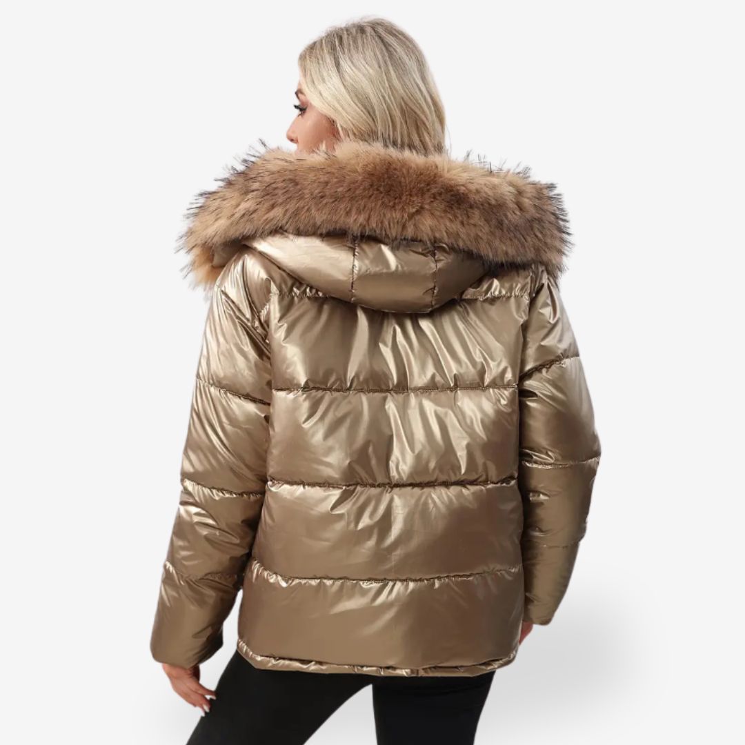 Gold-Colored Women’s Warm Puffer Jacket with Faux Fur Collar