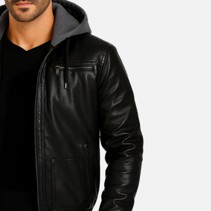 Men's Faux Leather Jacket - Hooded Bomber Jacket